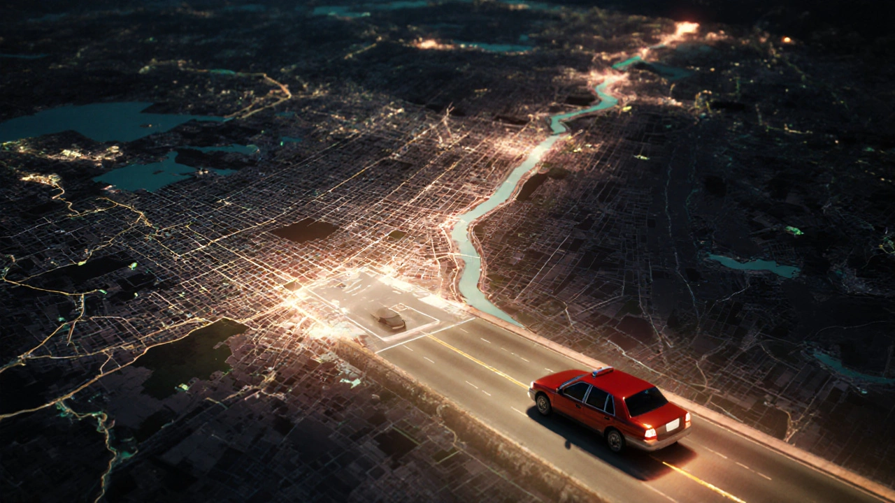 Glowing map of Dubai showing safe tourist areas in light and risky zones in shadow, with a single taxi on a lit road.