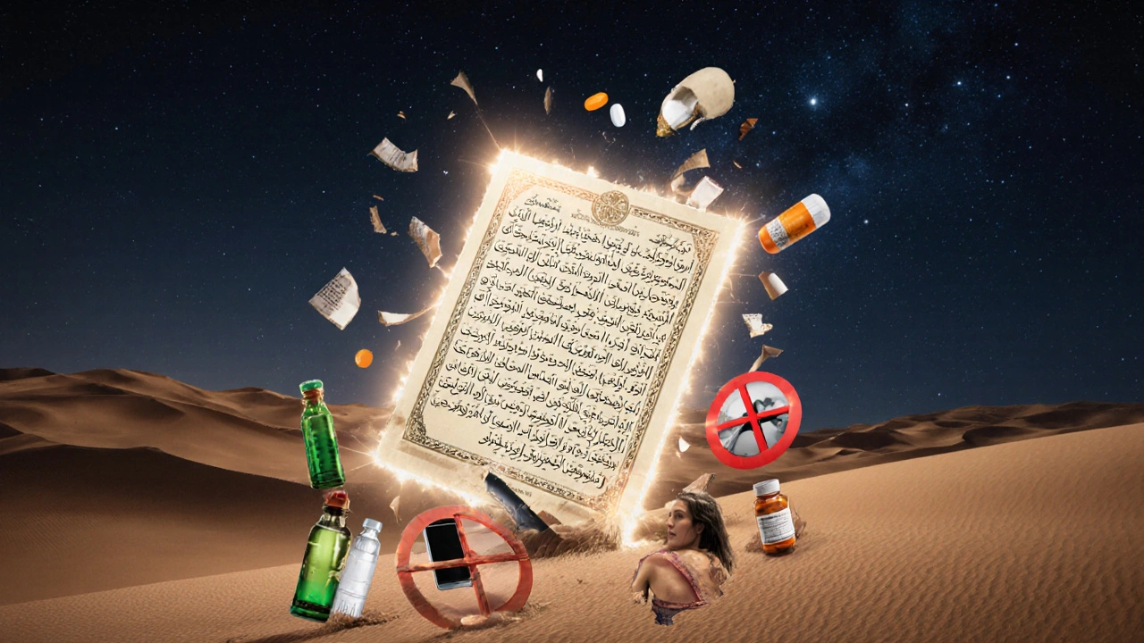 Sacred verse above desert as banned items dissolve into sand.
