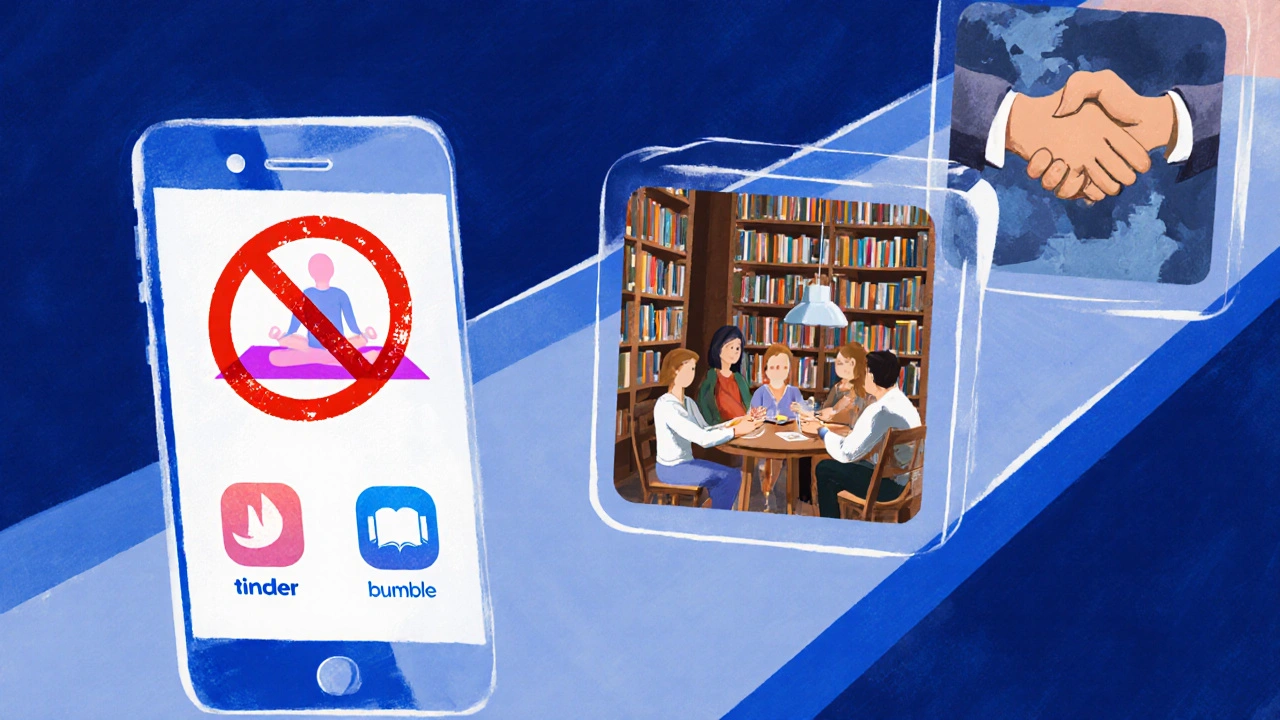 Smartphone with blocked dating apps beside safe real-world meeting options.