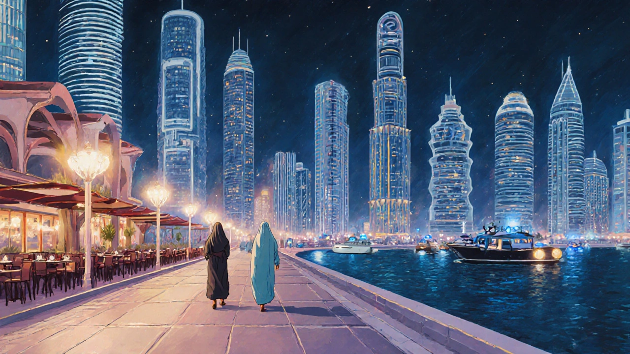 Solo female traveler walking peacefully along Dubai Marina at night, surrounded by modern buildings and well-lit promenades.