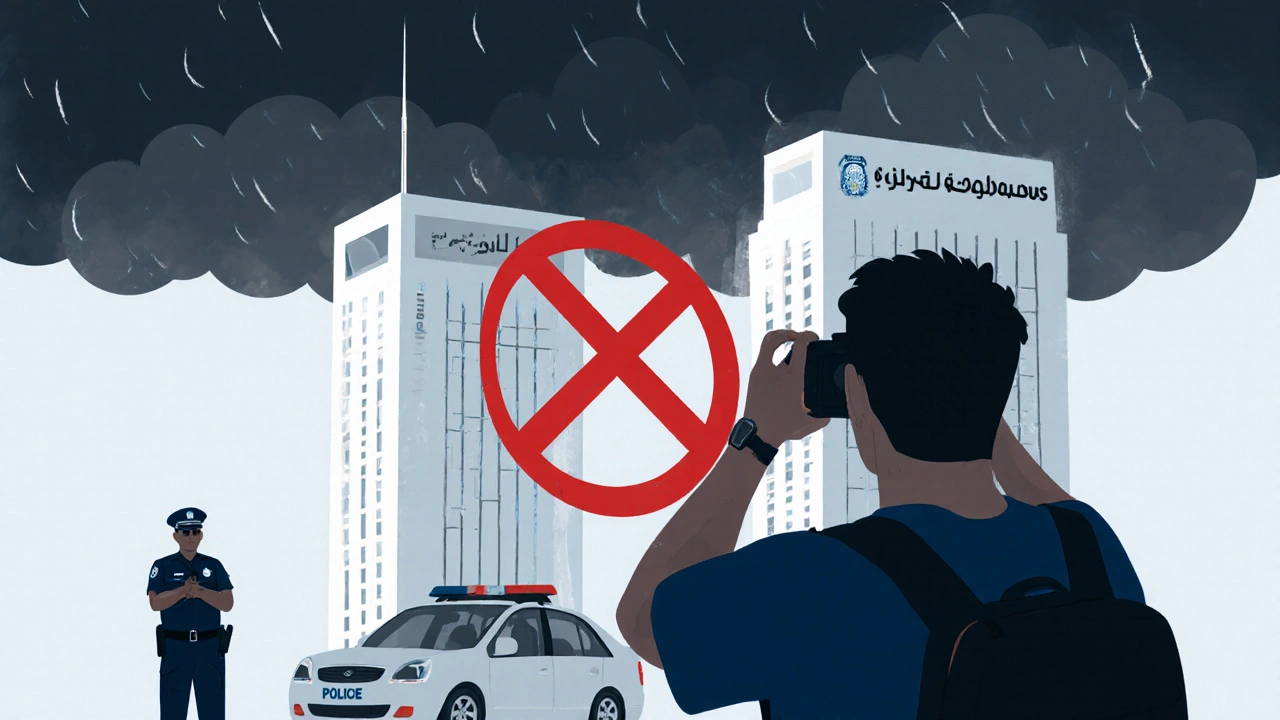 Tourist photographing police headquarters with warning symbols.